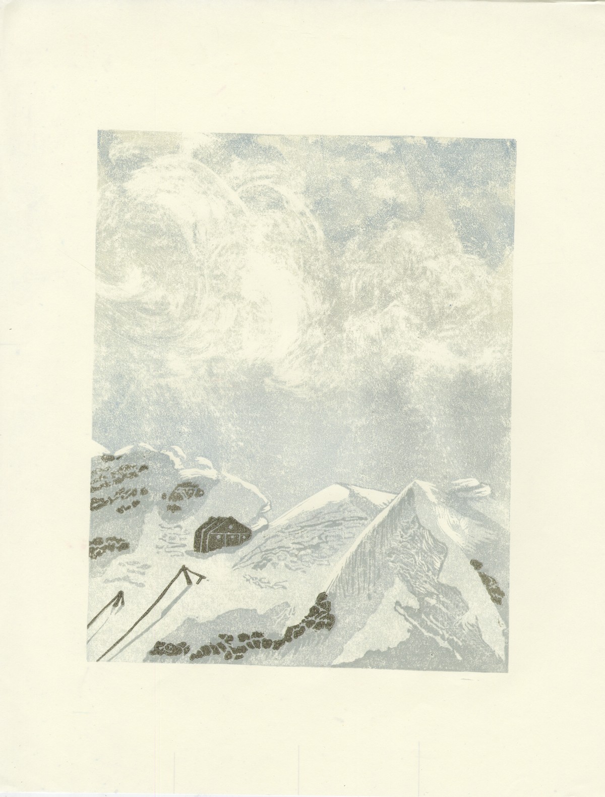 Linogravure, impression au baren, 4 couleurs en réduction
